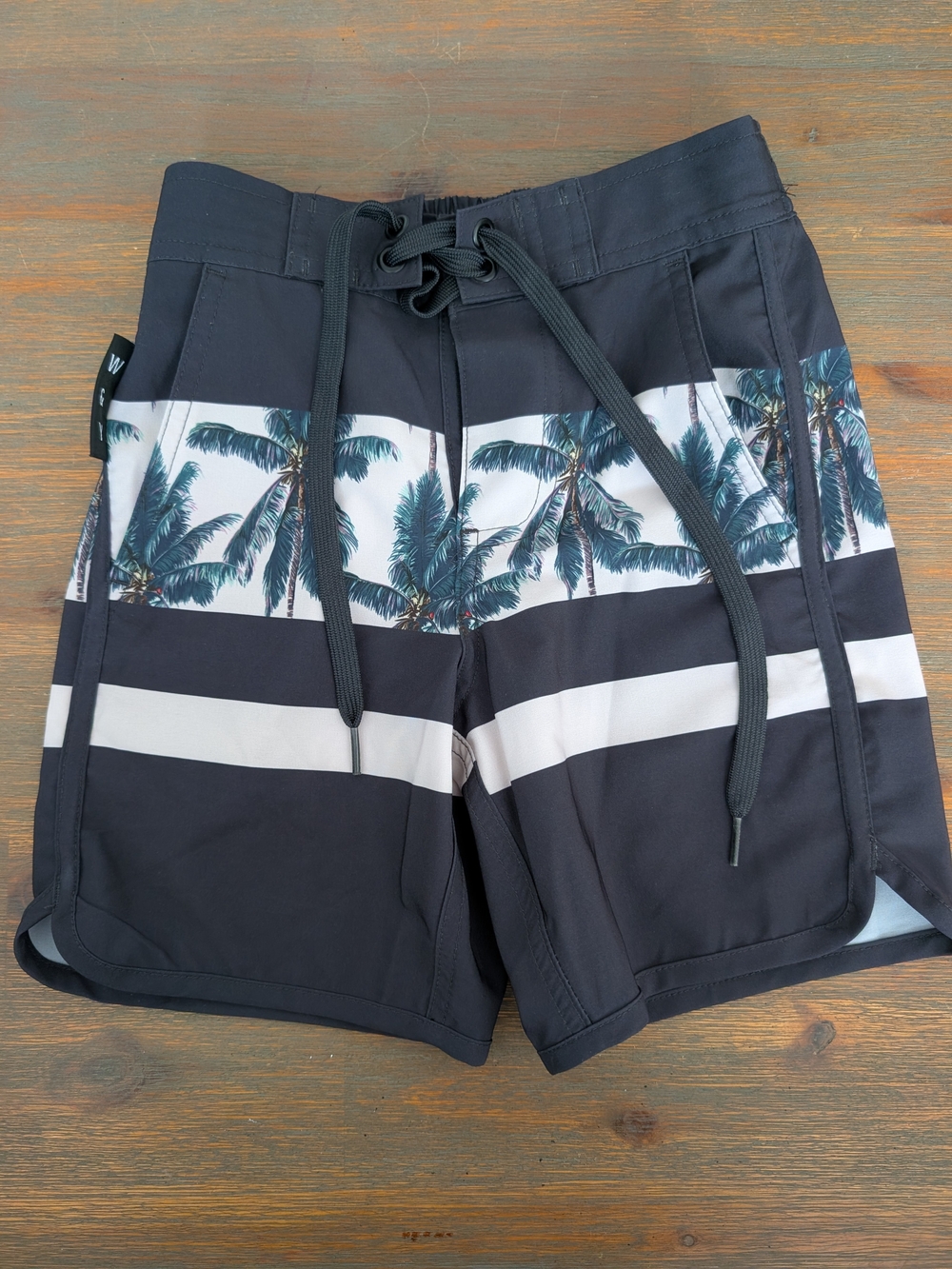 Kids Black Palm-Stripe Swim Trunks